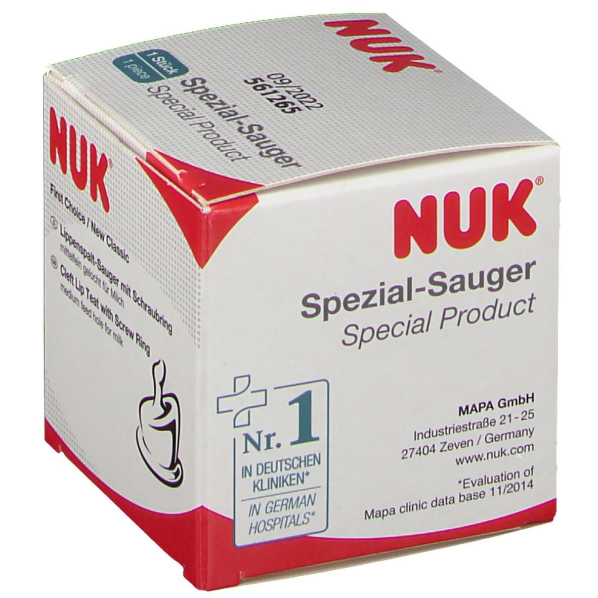 NUK Spezial-Sauger Verpackung. Weißer Karton mit roter Schrift. Text: Spezial-Sauger, Nr. 1, in deutschen Kliniken, Cleft Lip Teat with Screw Ring.