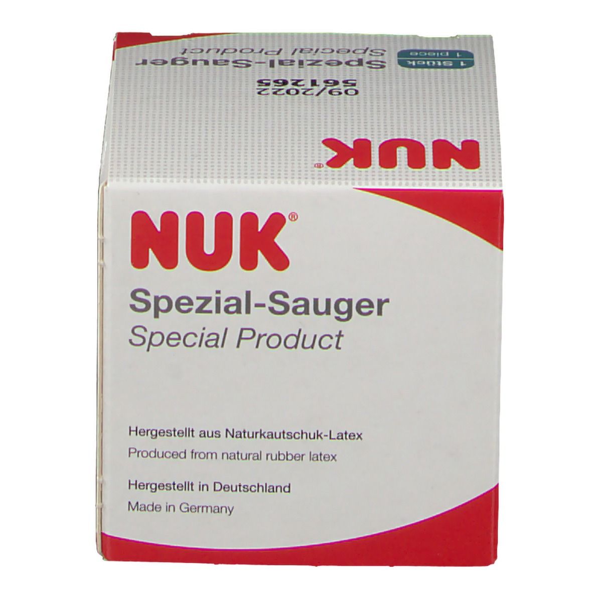 NUK Spezial-Sauger Verpackung. Weißer Karton mit roter Schrift. Text: Spezial-Sauger, hergestellt aus Naturkautschuk-Latex, hergestellt in Deutschland.