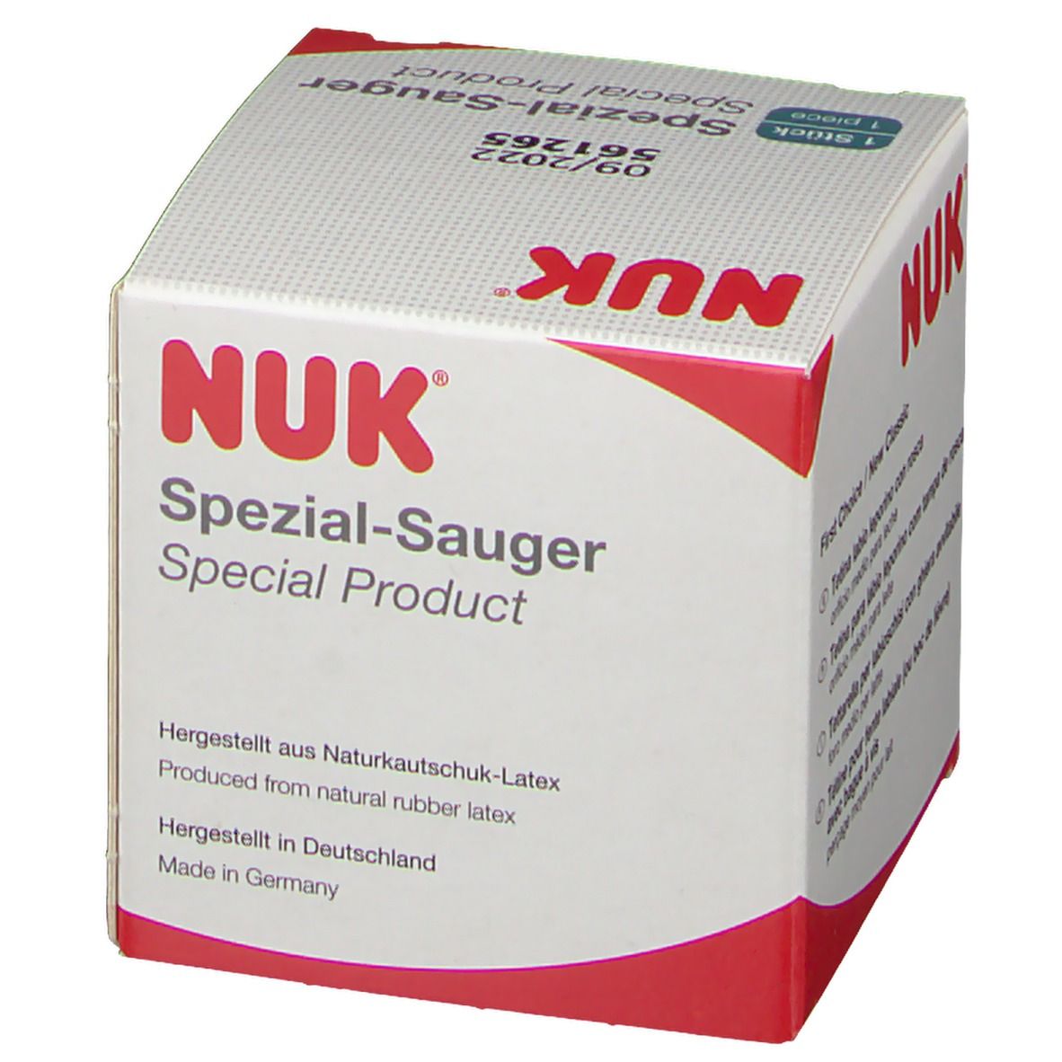NUK Spezial-Sauger Verpackung. Weißer Karton mit roter Schrift. Text: Spezial-Sauger, hergestellt aus Naturkautschuk-Latex, hergestellt in Deutschland.