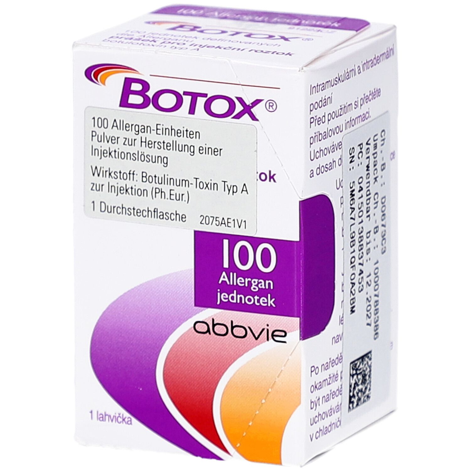 Weißer Karton mit lila Akzenten. Aufschrift: BOTOX, 100 Allergan-Einheiten. AbbVie Logo. Enthält eine Durchstechflasche.