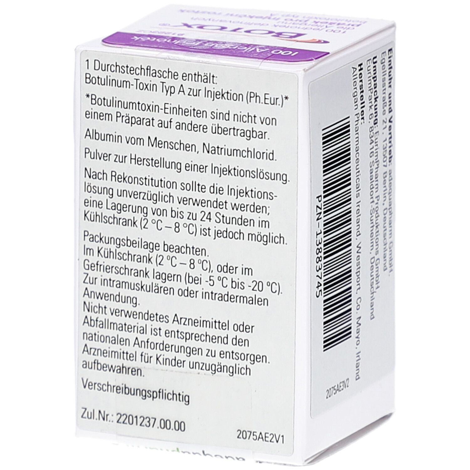 Weißer Karton mit Text. Enthält Informationen zur Anwendung und Lagerung. Zul.-Nr. 2201237.00.00.