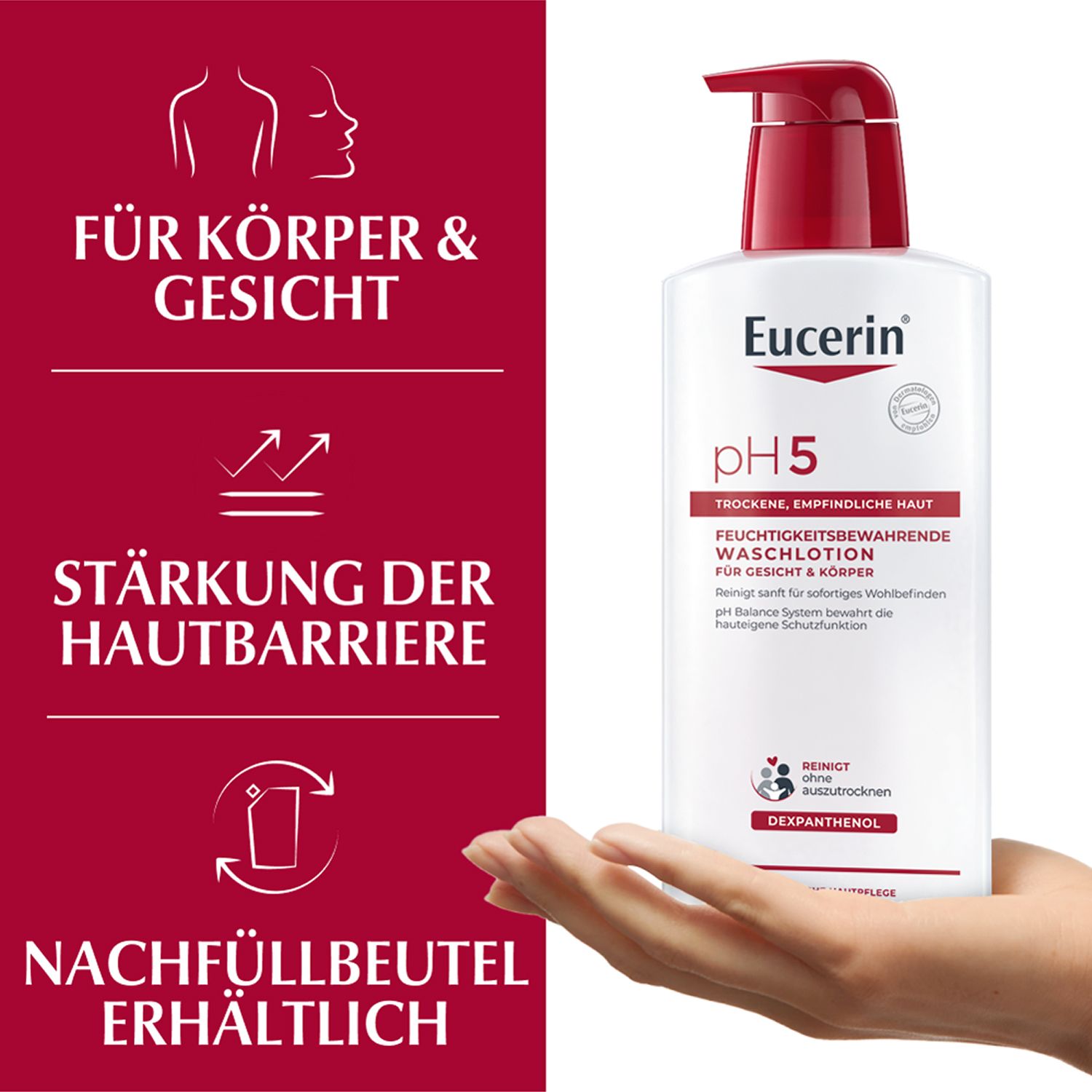 Eucerin® pH5 Waschlotion für Körper, Gesicht und Hände  – bietet empfindlicher und trockener Haut eine milde Reinigung & bewahrt die Schutzfunktion der Haut- Jetzt 20 % sparen* mit eucerin20