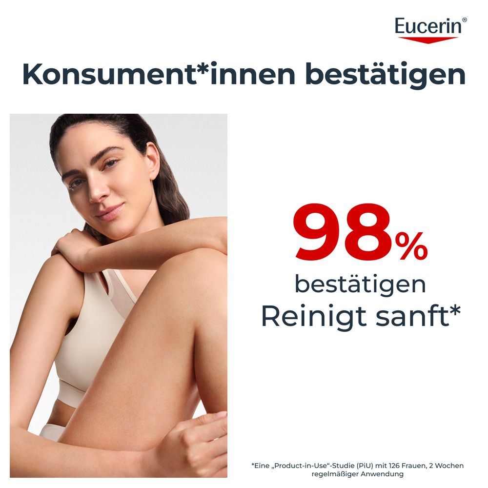 Frau mit Eucerin pH5. 98% bestätigen: Reinigt sanft. Für trockene, empfindliche Haut.
