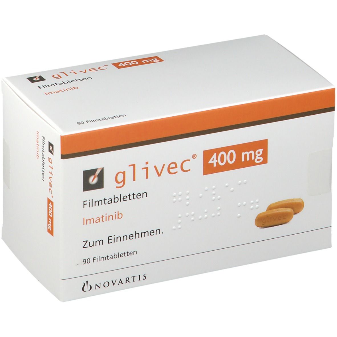 Schachtel mit Glivec 400 mg Filmtabletten. Aufdruck: 90 Filmtabletten, Novartis Logo. Zwei Tabletten abgebildet.