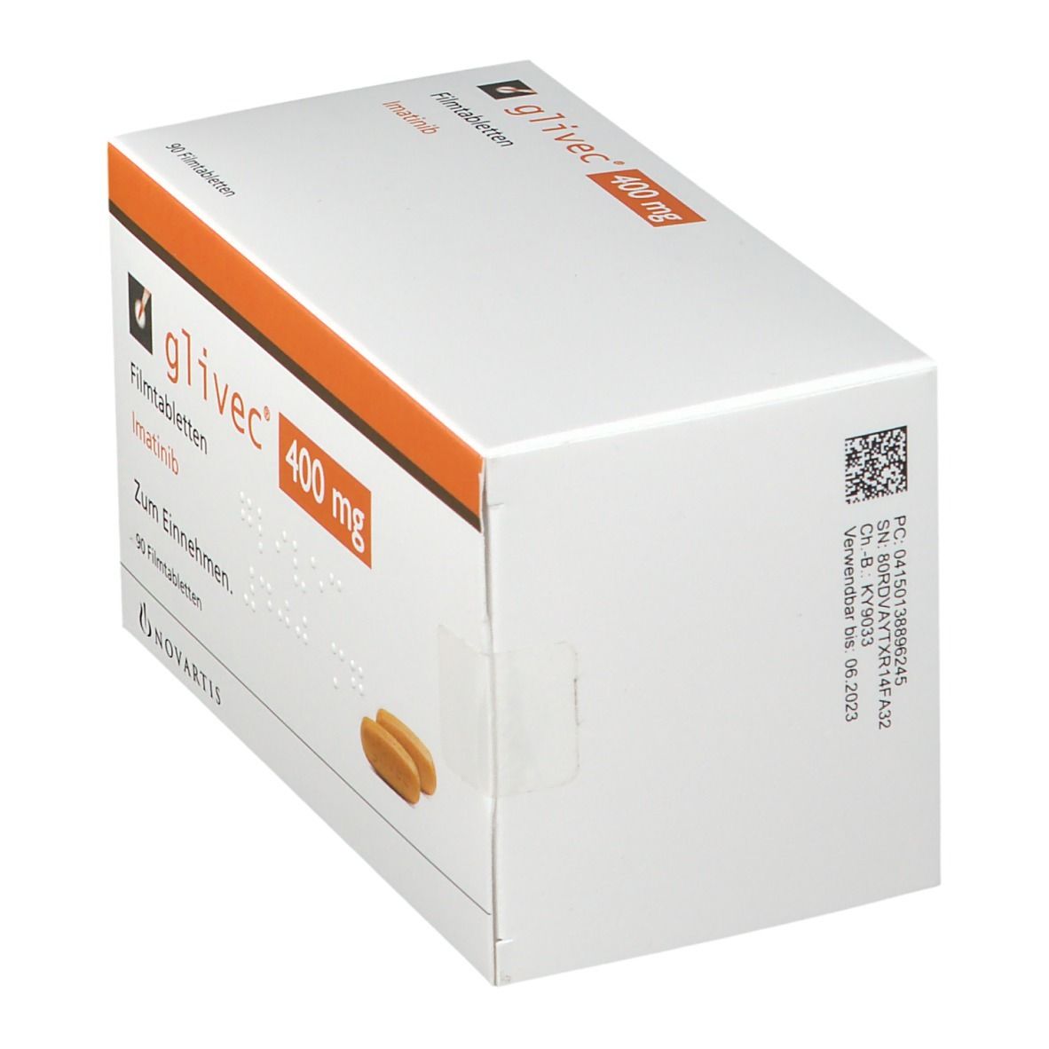 Schachtel mit Glivec 400 mg Filmtabletten. Aufdruck: 90 Filmtabletten, Novartis Logo. Zwei Tabletten abgebildet.