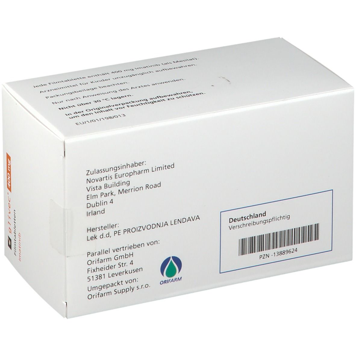 Rückseite der Glivec 400 mg Schachtel. Angaben zu Hersteller, Vertrieb und Inhaltsstoffen. Barcode und Qualitätszeichen.