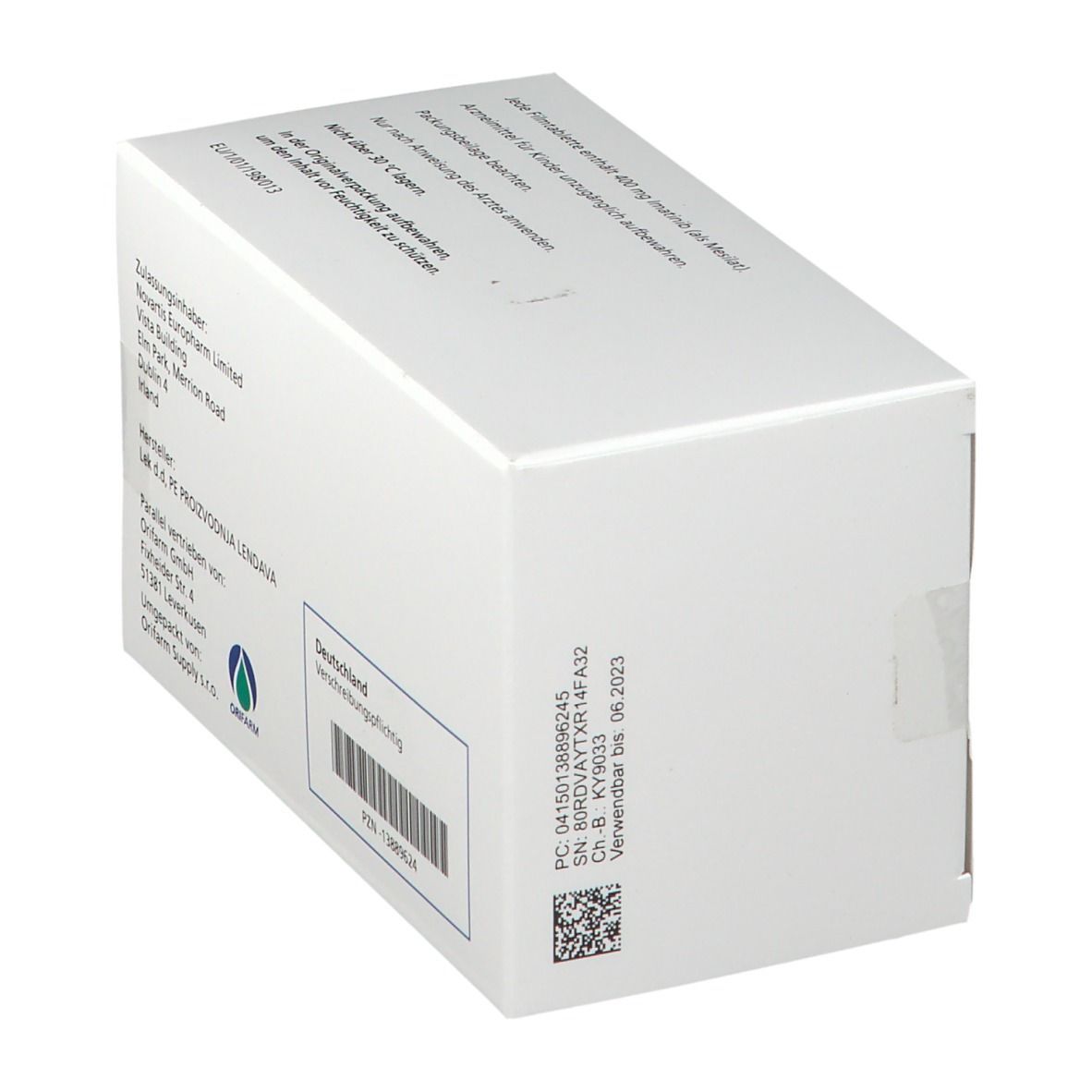 Rückseite der Glivec 400 mg Schachtel. Angaben zu Hersteller, Vertrieb und Inhaltsstoffen. Barcode und Qualitätszeichen.