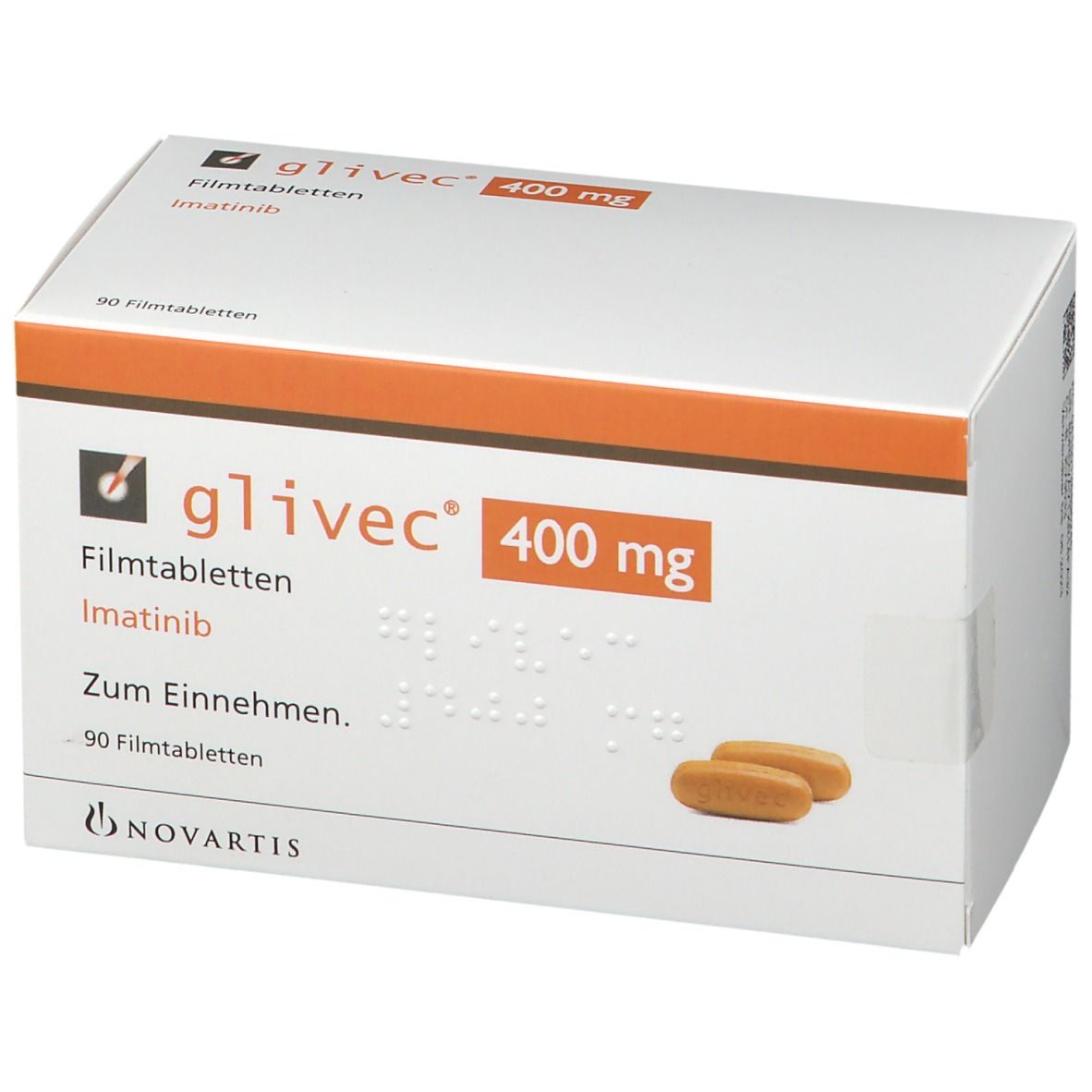 Schachtel mit Glivec 400 mg Filmtabletten. Aufdruck: 90 Filmtabletten, Novartis Logo. Zwei Tabletten abgebildet.