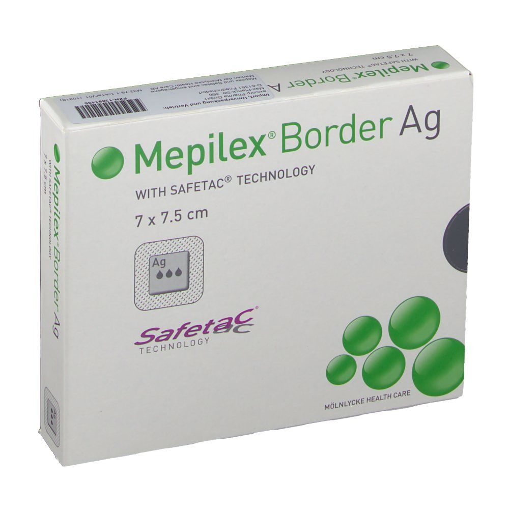 Verpackung von Mepilex® Border Ag. Weißer Karton mit Produktnamen, Größe 7 x 7,5 cm und Safetac® Technologie. Abbildung von Pflastern.