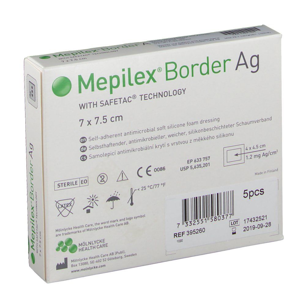 Verpackung von Mepilex® Border Ag. Weißer Karton mit Produktinformationen, Größe 7 x 7,5 cm, 5 Stück. Steril, CE-Kennzeichnung.