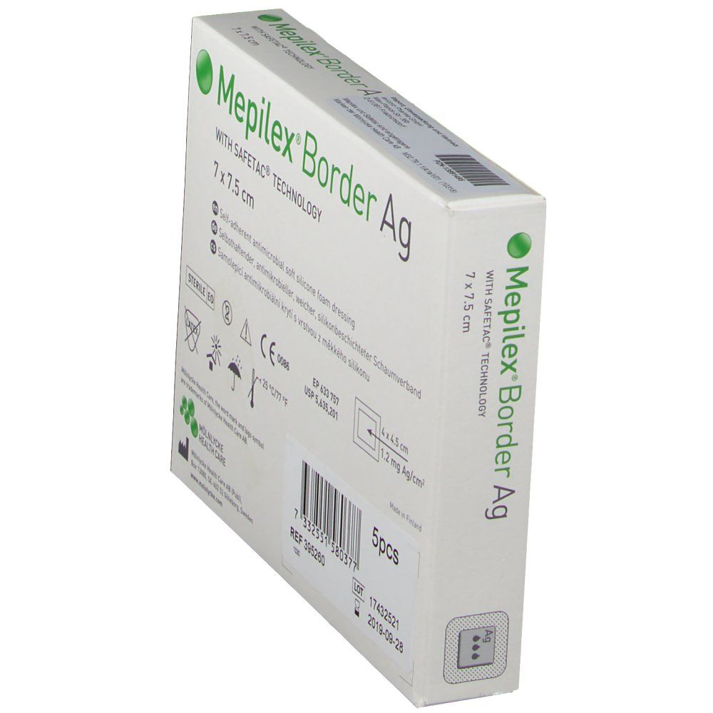 Schrägansicht der Verpackung von Mepilex® Border Ag. Weißer Karton mit Produktnamen, Größe 7 x 7,5 cm und 5 Stück. Steril, CE-Kennzeichnung.