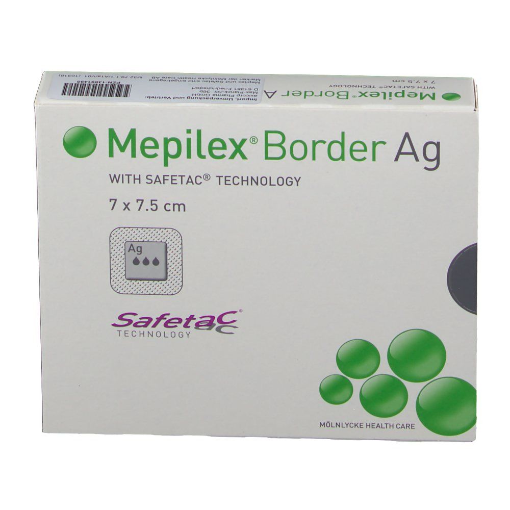 Verpackung von Mepilex® Border Ag. Weißer Karton mit Produktnamen, Größe 7 x 7,5 cm und Safetac® Technologie. Abbildung von Pflastern.