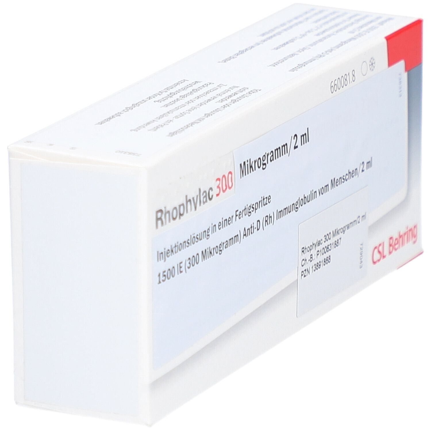 Weiße Schachtel mit Aufschrift Rhophylac 300 Mikrogramm/2 ml. CSL Behring Logo. Seitenansicht der Verpackung.