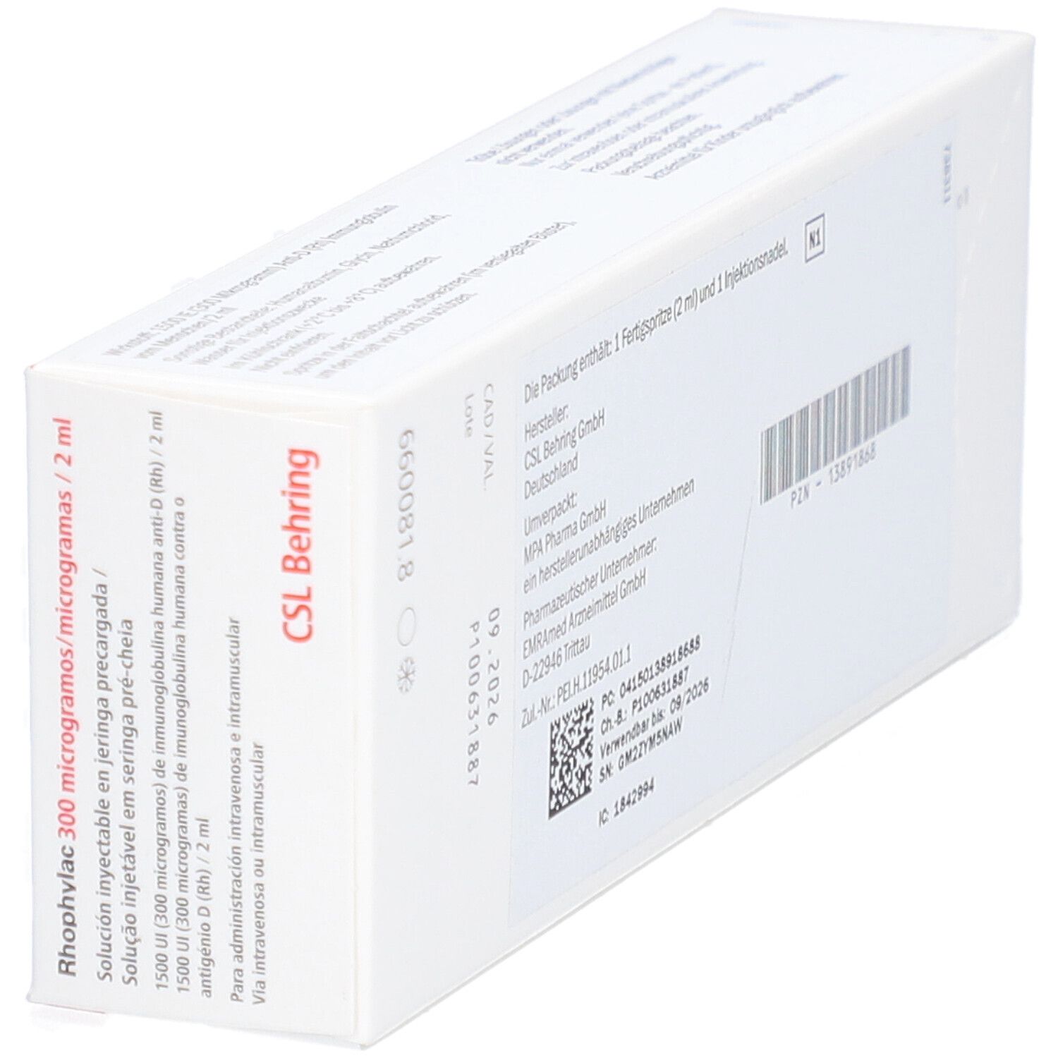 Schachtel mit Aufschrift Rhophylac 300 Mikrogramm/2 ml. CSL Behring Logo. Mehrsprachige Informationen zur Injektionslösung.