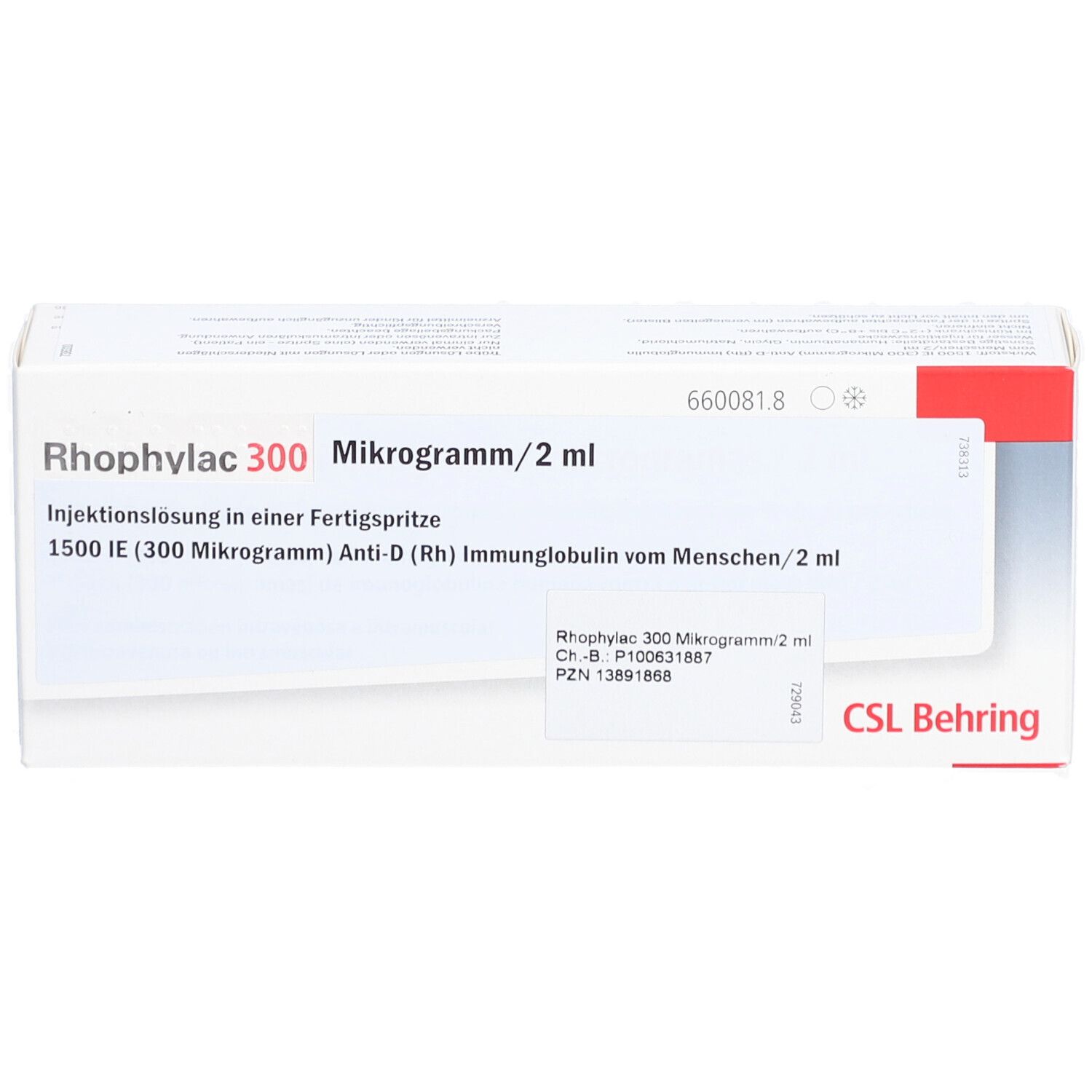 Weiße Schachtel mit Aufschrift Rhophylac 300 Mikrogramm/2 ml. CSL Behring Logo. Enthält Informationen zur Injektionslösung.
