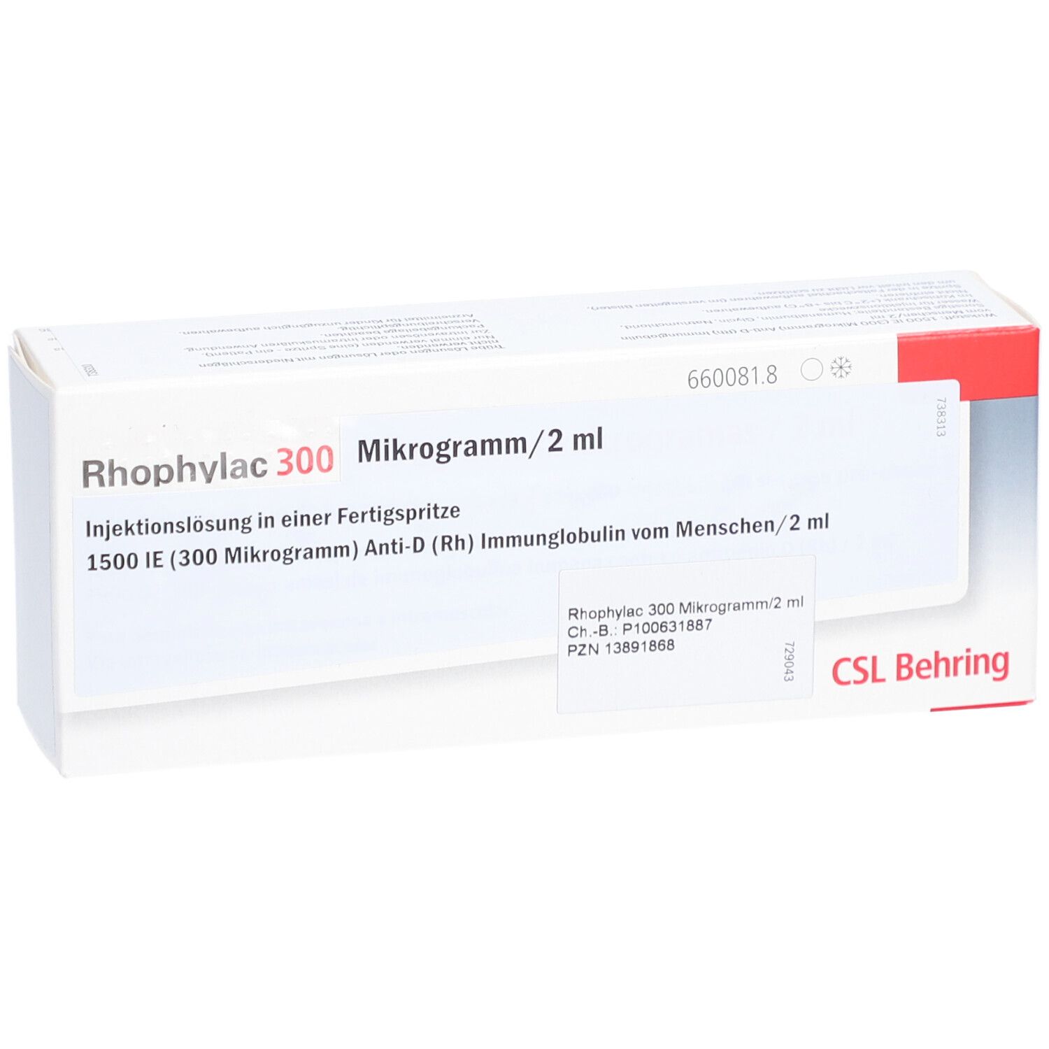 Weiße Schachtel mit Aufschrift Rhophylac 300 Mikrogramm/2 ml. CSL Behring Logo. Enthält Informationen zur Injektionslösung.