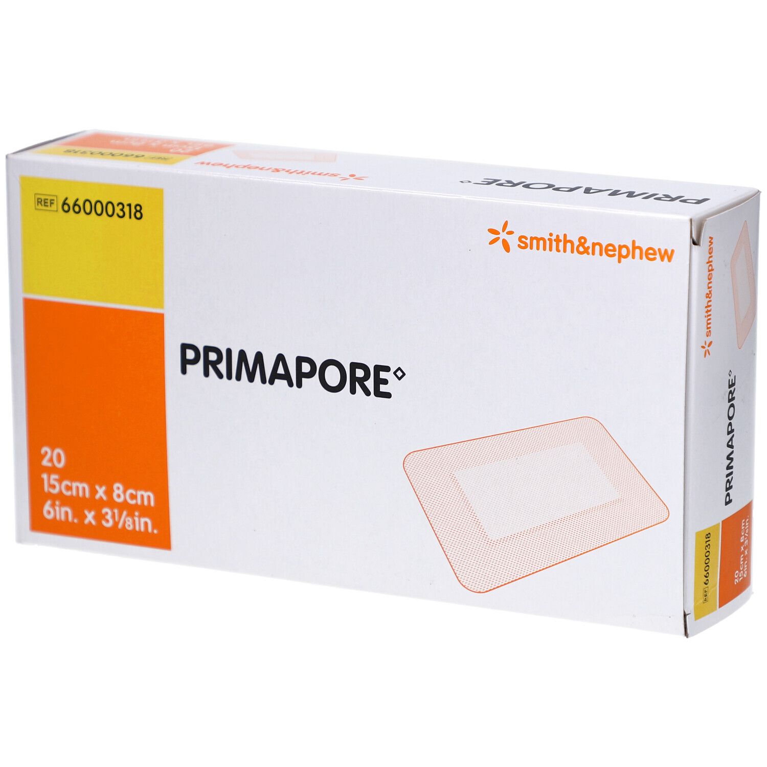 Verpackung von PRIMAPORE® Wundverband. Enthält 20 Verbände, 15x8cm. Marke Smith & Nephew. Gelb-oranges Design.