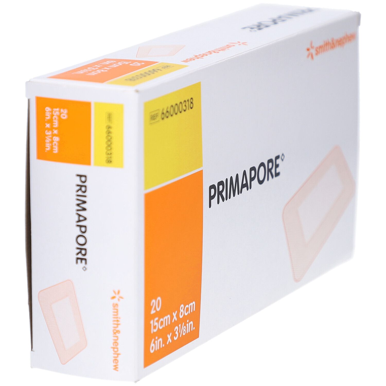 PRIMAPORE® Wundverband-Verpackung. 20 Stück, 15x8cm. Marke Smith & Nephew. Gelb-oranges Design. Seitenansicht.