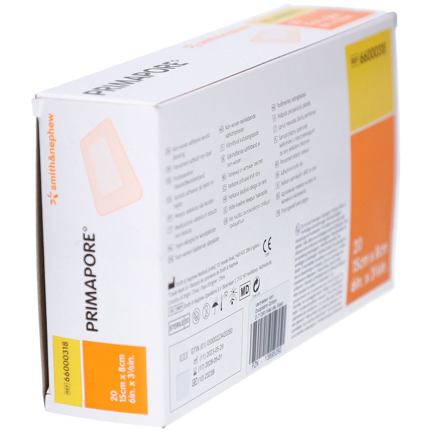 PRIMAPORE® Wundverband-Verpackung. Marke Smith & Nephew. Gelb-oranges Design. Seitenansicht mit Informationen.