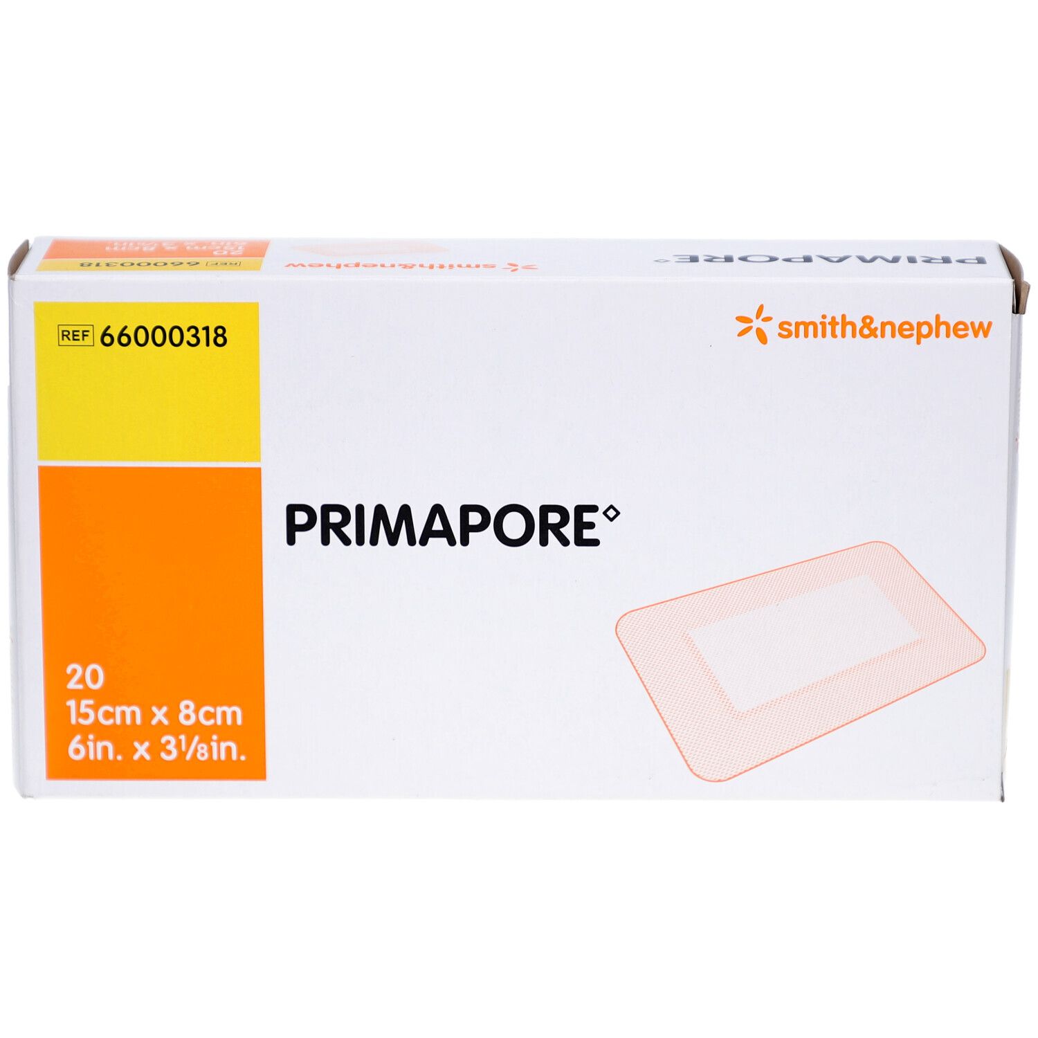 PRIMAPORE® Wundverband-Verpackung. 20 Stück, 15x8cm. Marke Smith & Nephew. Gelb-oranges Design.