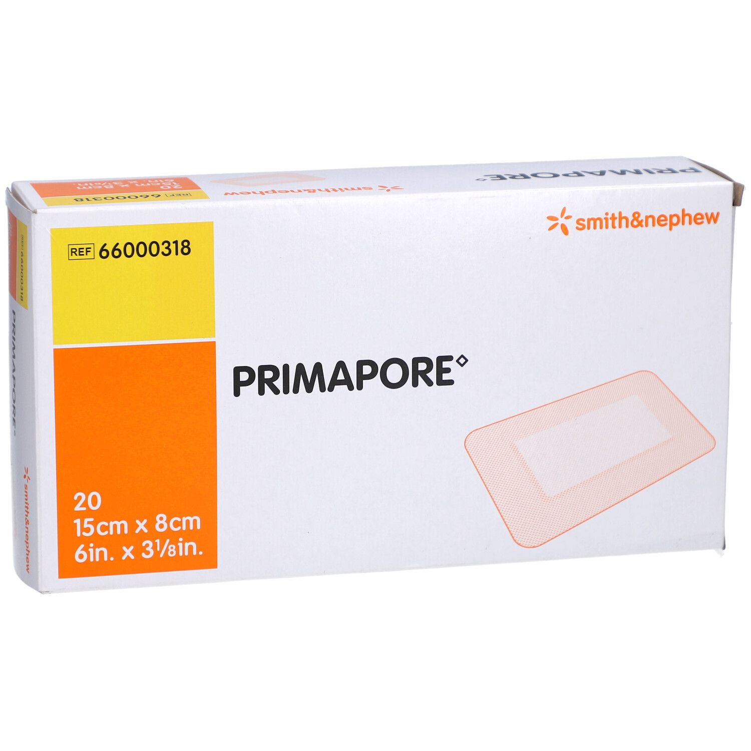 PRIMAPORE® Wundverband-Verpackung. 20 Stück, 15x8cm. Marke Smith & Nephew. Gelb-oranges Design.