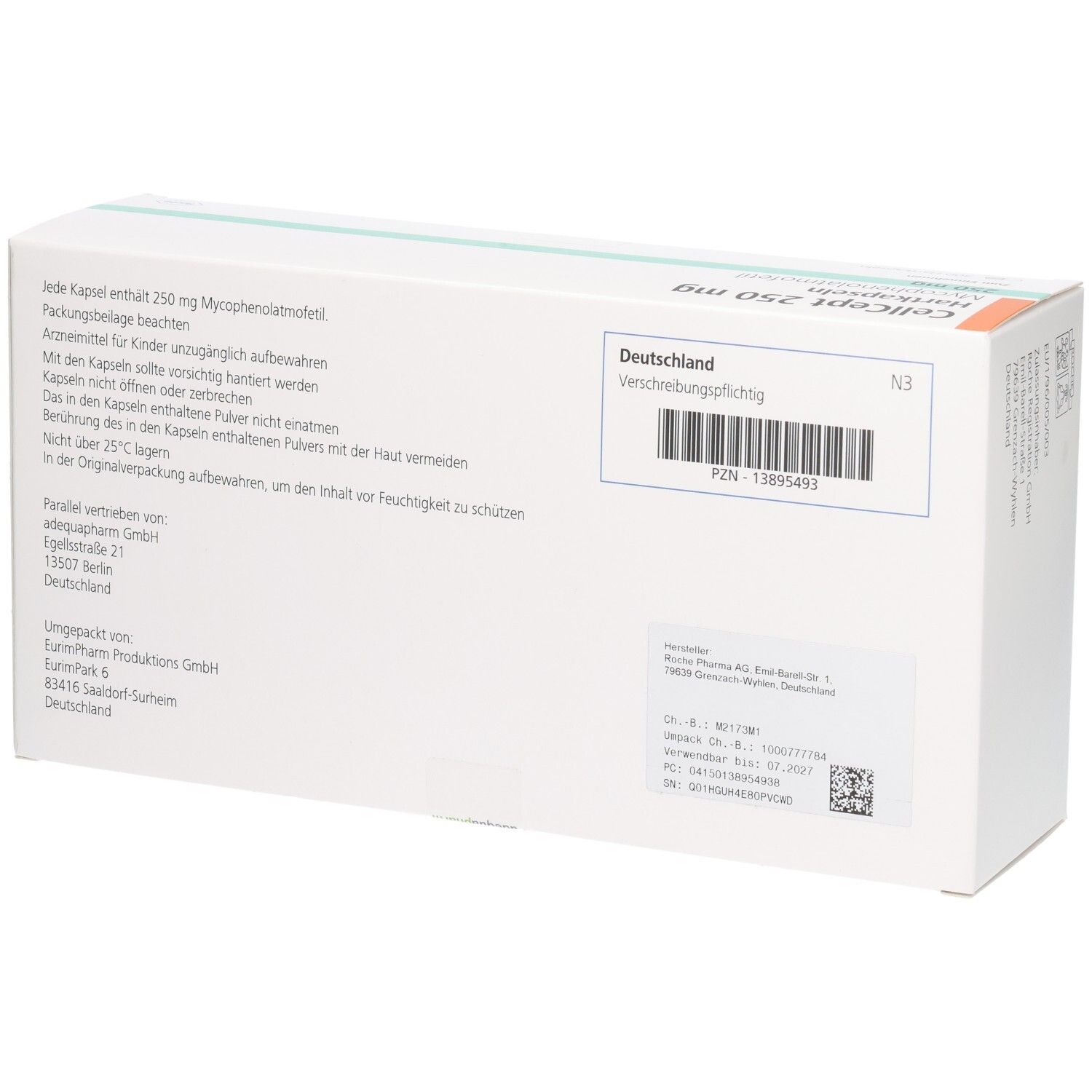 Rückseite der Cellcept 250 mg Hartkapseln Verpackung mit Dosierungsinformationen und PZN.