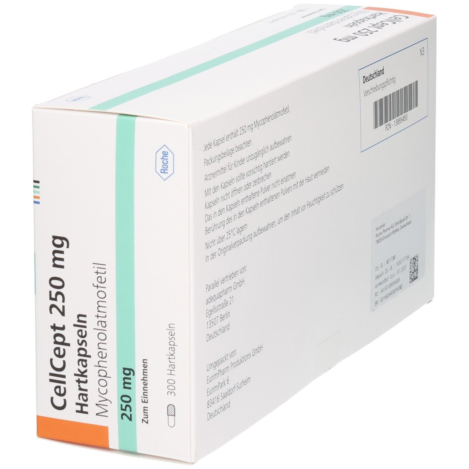 Cellcept 250 mg Hartkapseln Verpackung mit 300 Kapseln, Seitenansicht mit Informationen.