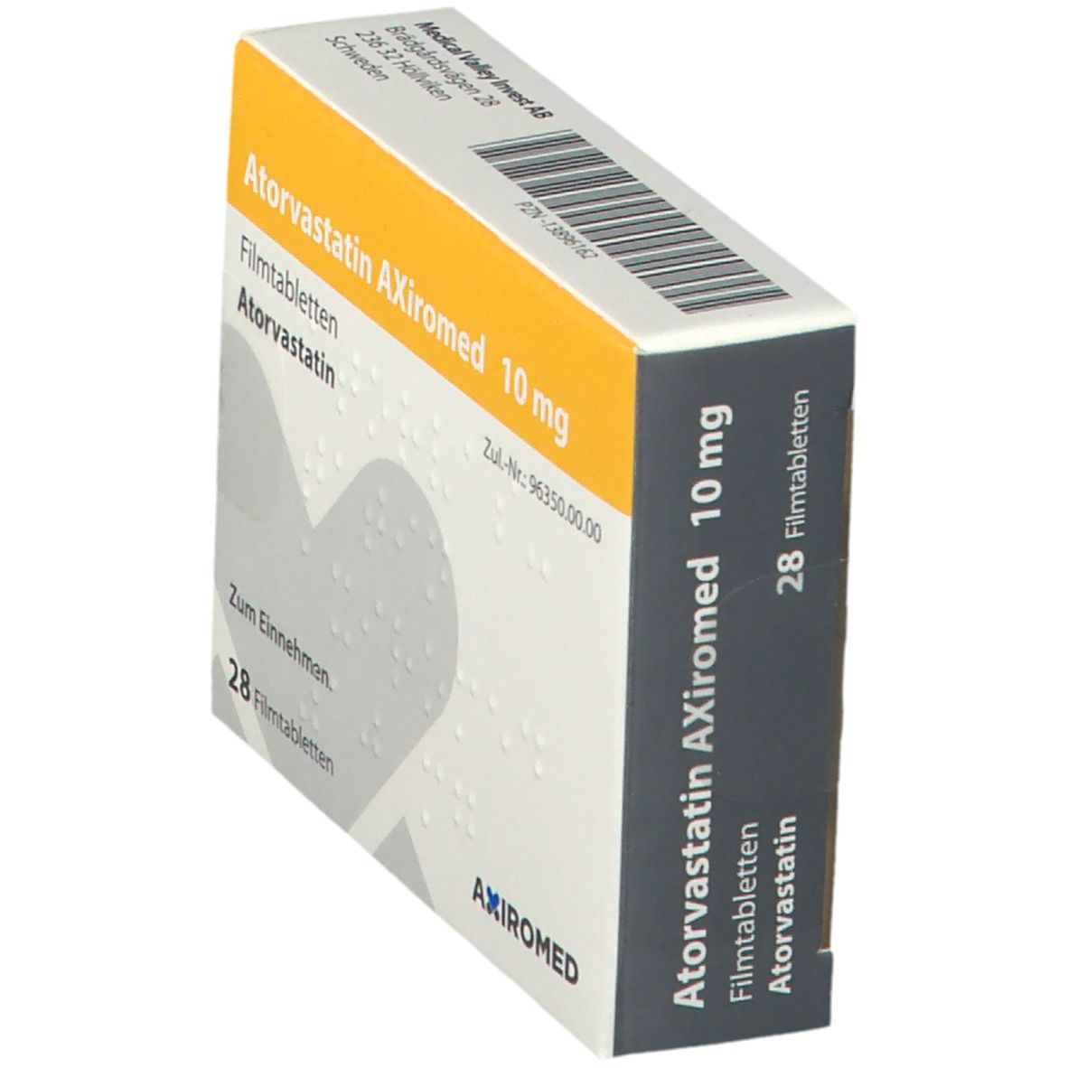 Schachtel mit Atorvastatin AXiromed 10 mg, schräg. Gelb-graue Verpackung mit Text und Logo.