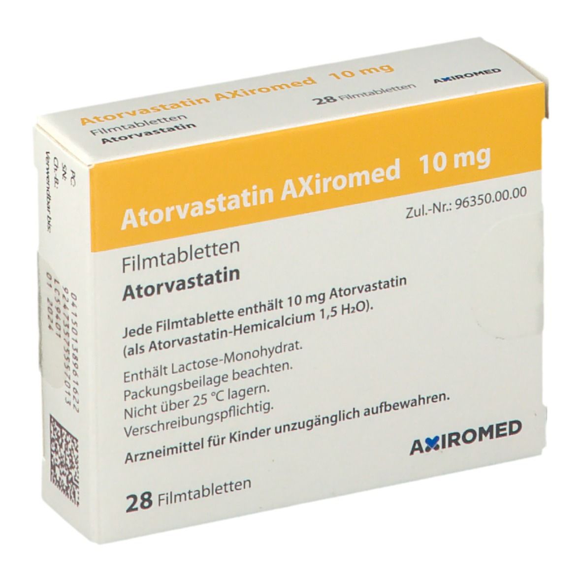 Schachtel mit Atorvastatin AXiromed 10 mg Filmtabletten. Gelb-weiße Verpackung mit Text und Logo.
