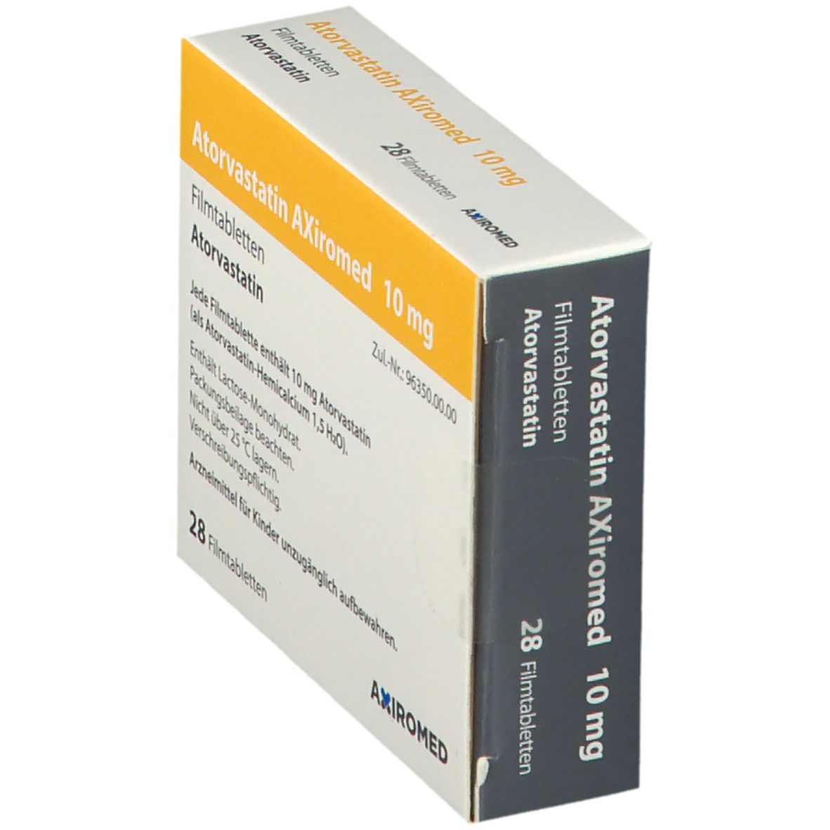 Schachtel mit Atorvastatin AXiromed 10 mg, schräg. Gelb-graue Verpackung mit Text und Logo.