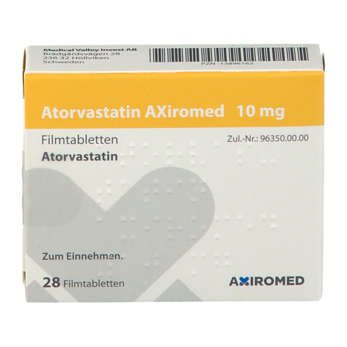 Schachtel mit Atorvastatin AXiromed 10 mg. Weiße Verpackung mit gelbem Streifen, Text und Logo.
