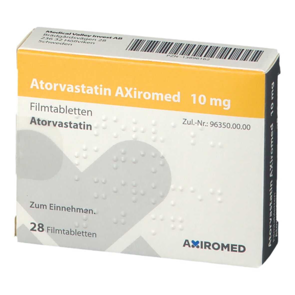 Schachtel mit Atorvastatin AXiromed 10 mg. Weiße Verpackung mit gelbem Streifen, Text und Logo.