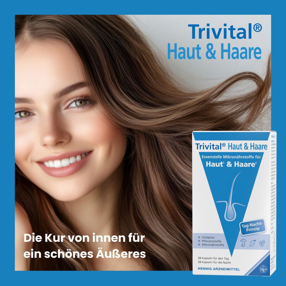 Frau mit braunem Haar. Produktverpackung von Trivital® Haut & Haare im Hintergrund.