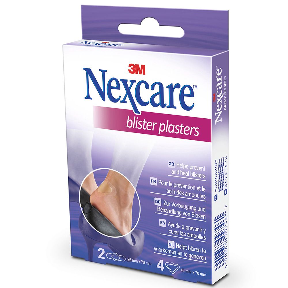 Verpackung von Nexcare Blasenpflastern. Enthält 2 ovale und 4 tropfenförmige Pflaster. Aufdruck: Nexcare, Blister Pflaster.