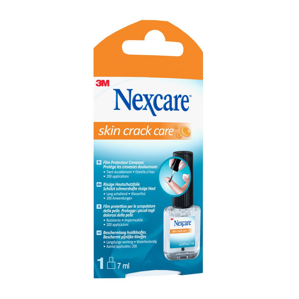 Verpackung von Nexcare Skin Crack Care. Flasche mit Pinsel. Produktname und Logos auf der Verpackung.