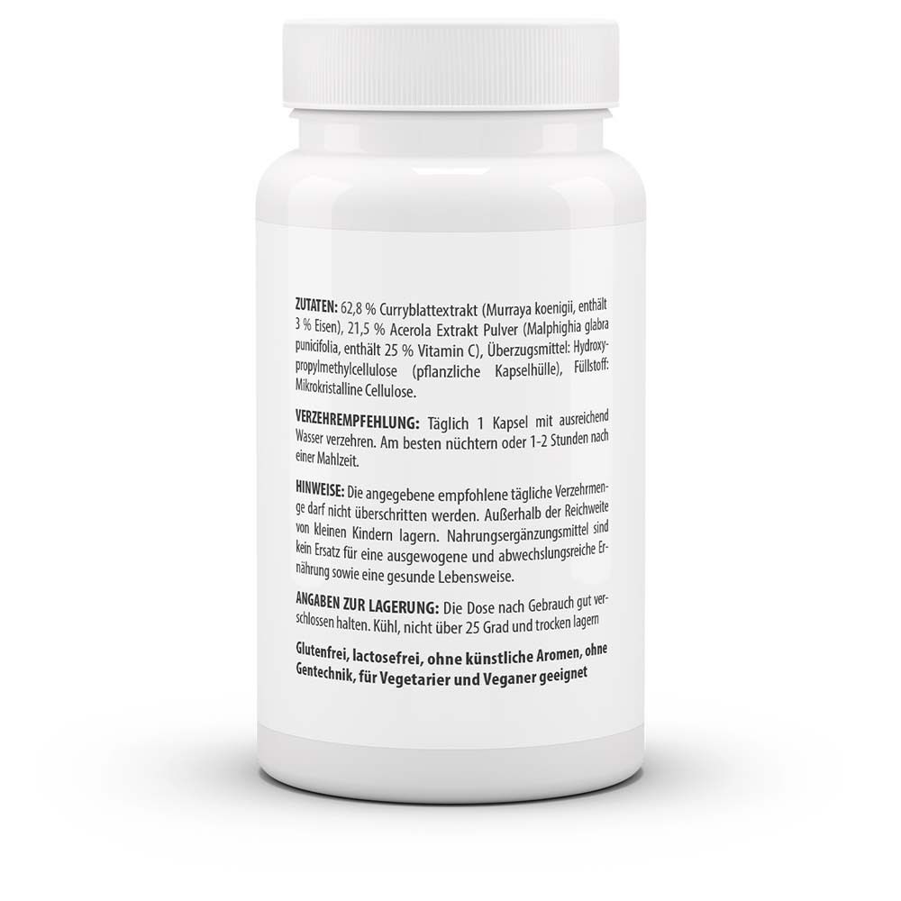 Rückseite der weißen Flasche. Enthält Informationen zu Zutaten, Verzehrempfehlung und Lagerungshinweise.