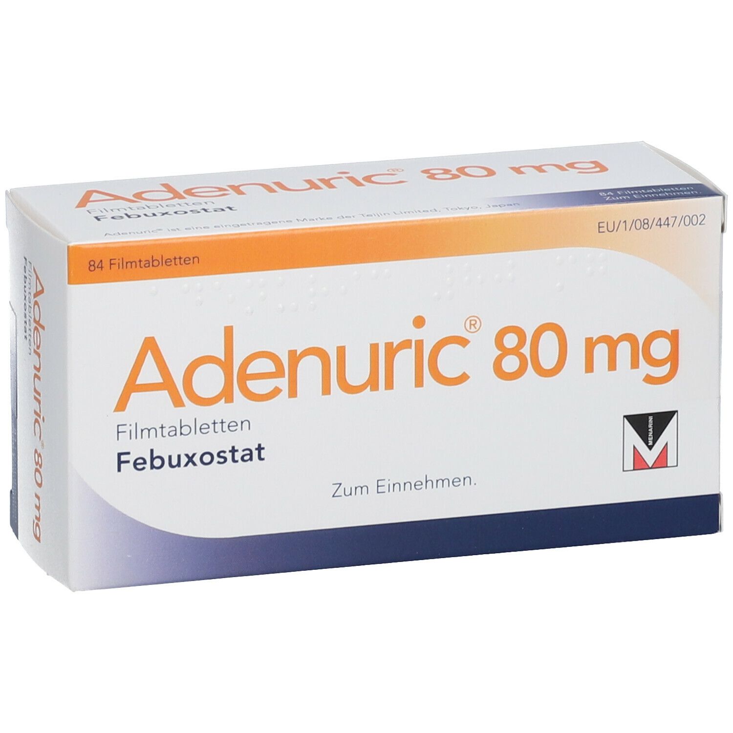 Schachtel Adenuric 80 mg. Orangefarbene Schrift auf weißem Grund. Enthält 84 Filmtabletten. EU-Zulassung.