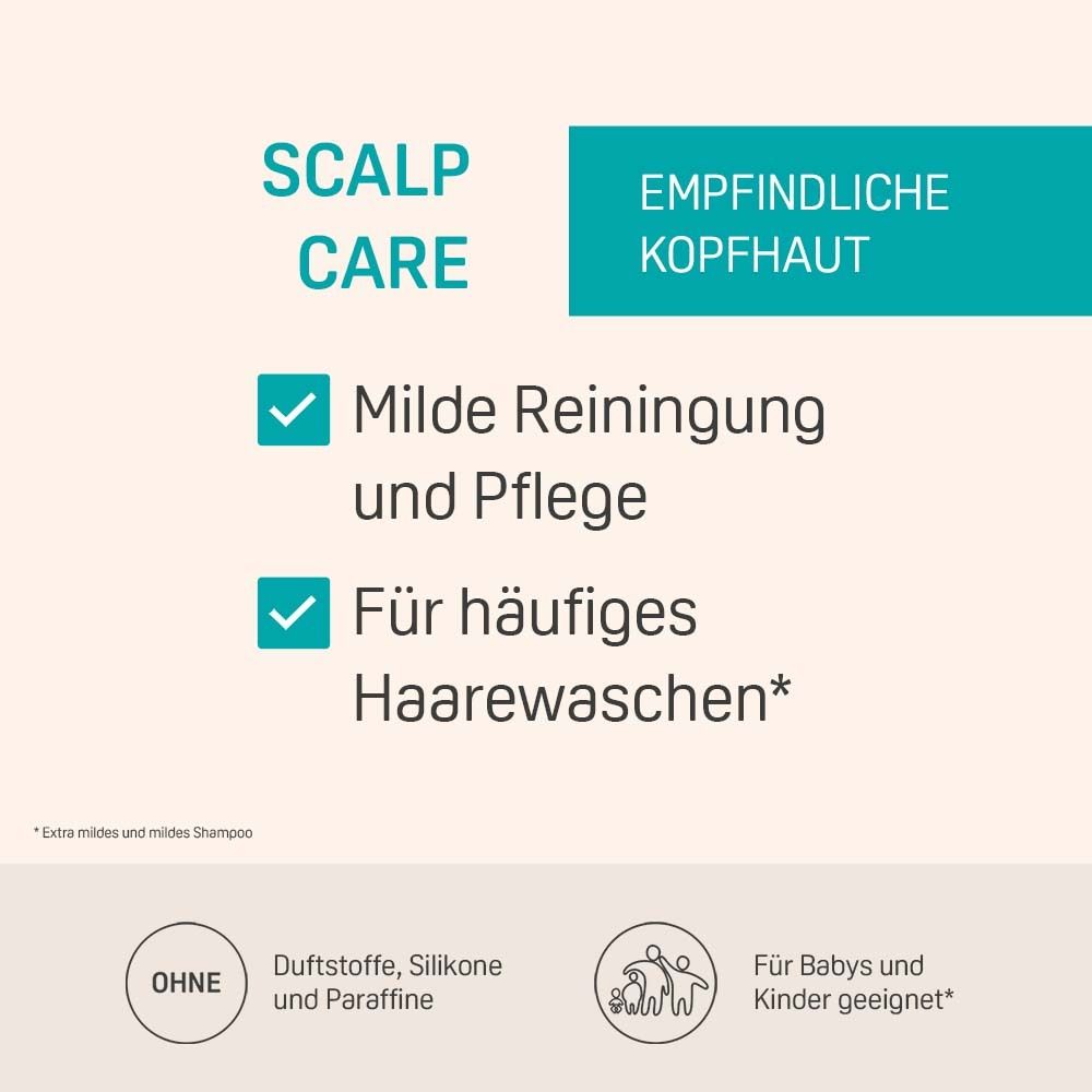 Text: Scalp Care, EMPFINDLICHE KOPFHAUT. Text: Milde Reinigung und Pflege. Für häufiges Haarewaschen. Ohne Duftstoffe, Silikone und Paraffine.