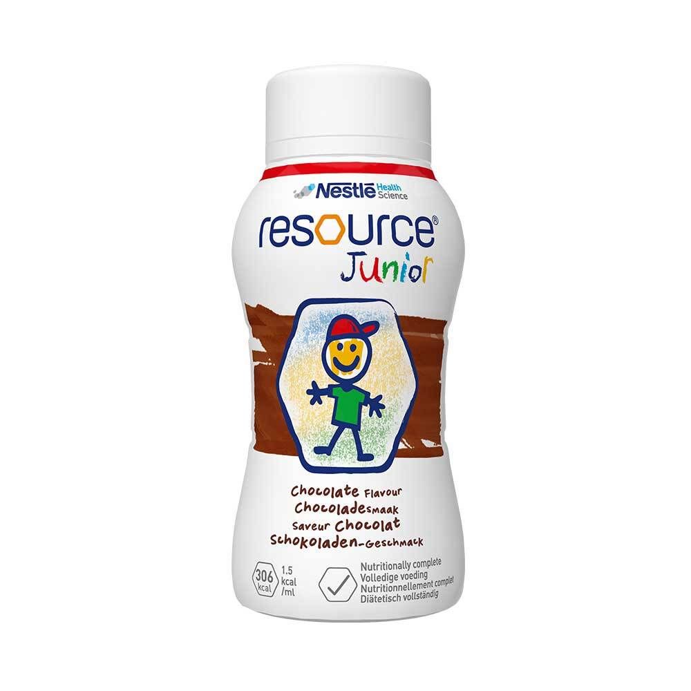 Weiß-braune Flasche mit RESOURCE Junior-Logo, Schokoladen-Geschmack. Enthält ein Kind-Symbol und das Nestle-Logo.
