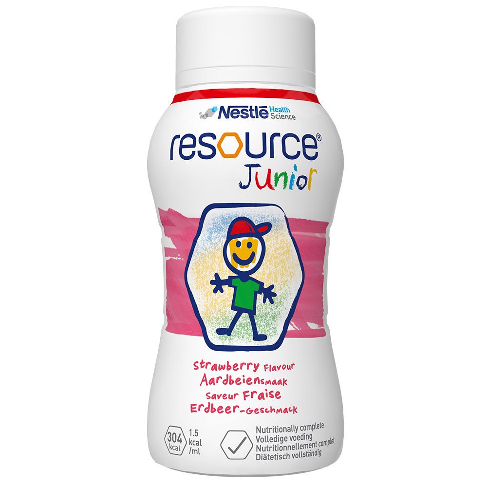 Weiß-rosa Flasche mit Nestle-Logo und "resource Junior". Erdbeer-Geschmack. Abbildung eines Kindes. Vollwertige Ernährung.