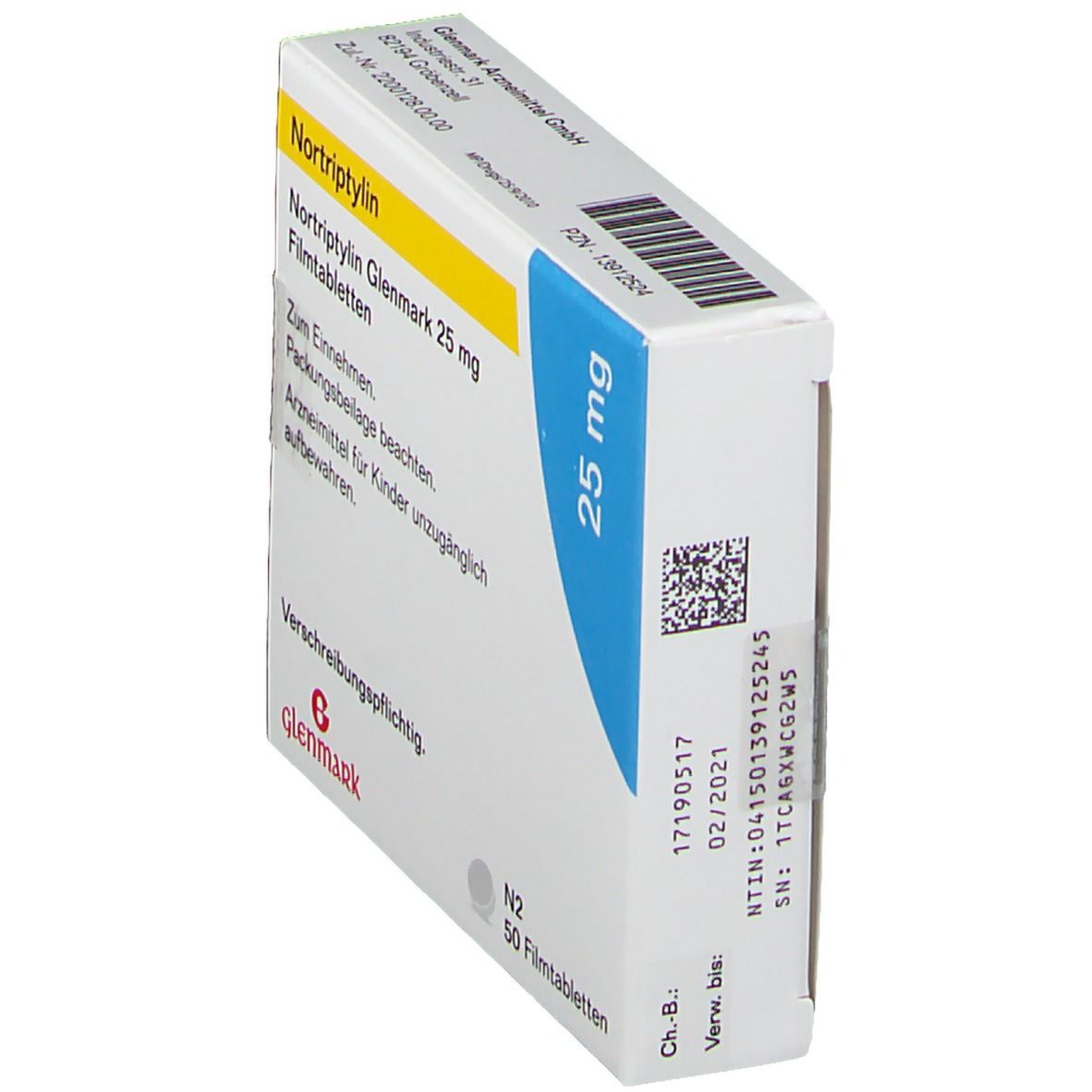 Schachtel Nortriptylin Glenmark 25 mg Filmtabletten. Blaue und gelbe Akzente. Aufschrift: 25 mg, N2, 50 Filmtabletten.