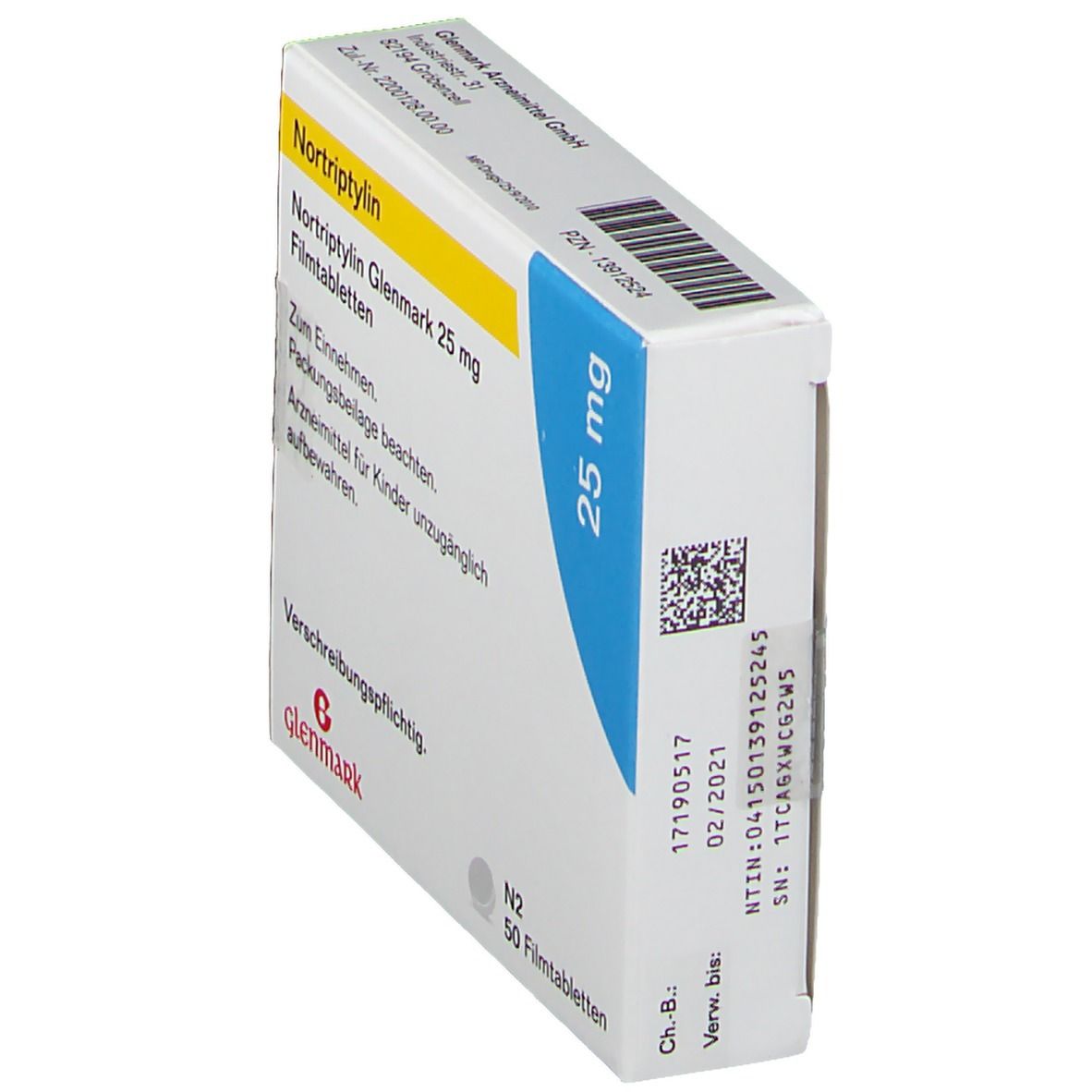 Schachtel Nortriptylin Glenmark 25 mg Filmtabletten. Blaue und gelbe Akzente. Aufschrift: 25 mg, N2, 50 Filmtabletten.