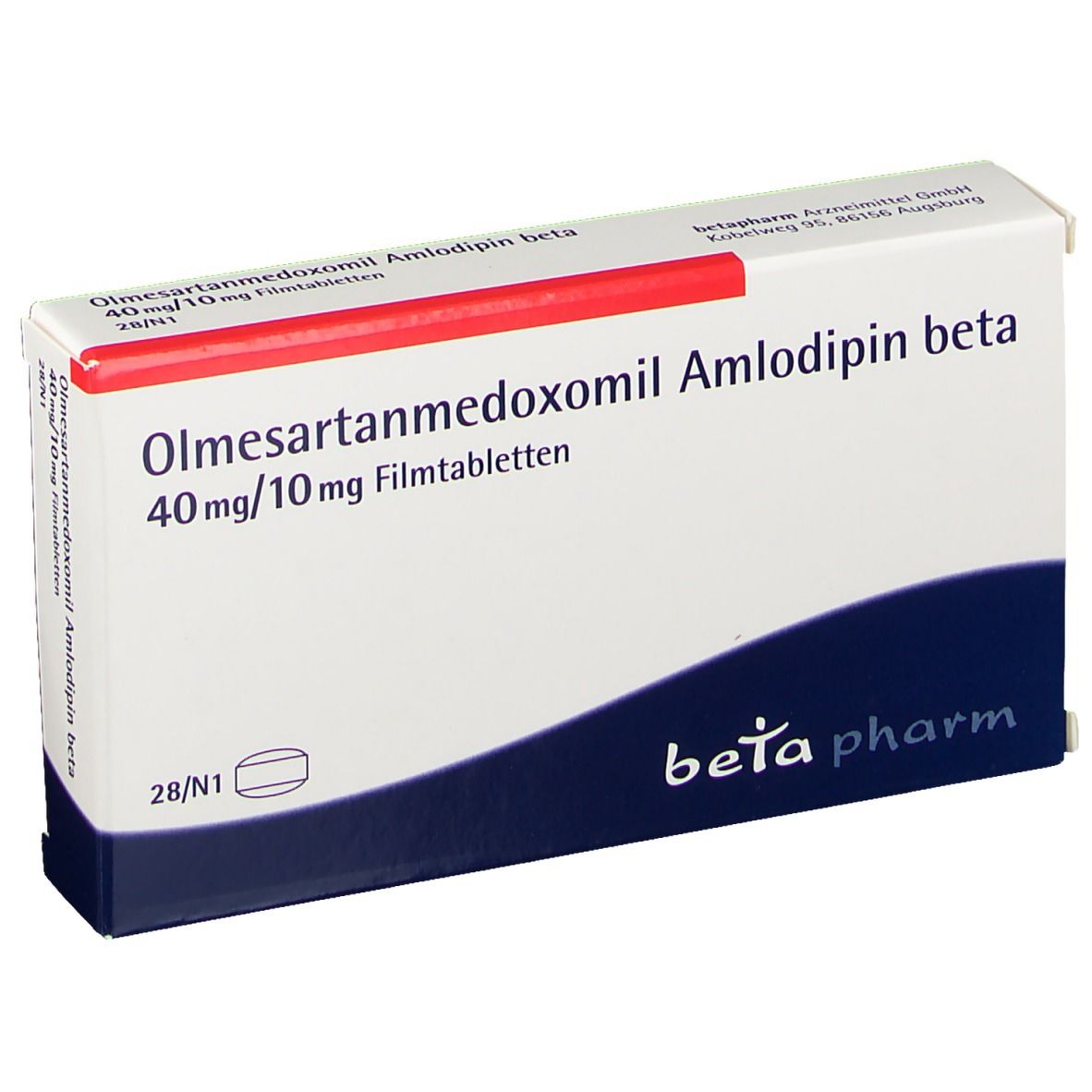 Schachtel mit Olmesartanmedoxomil Amlodipin beta 40mg/10mg Filmtabletten. Blaue und rote Akzente, weißer Hintergrund.