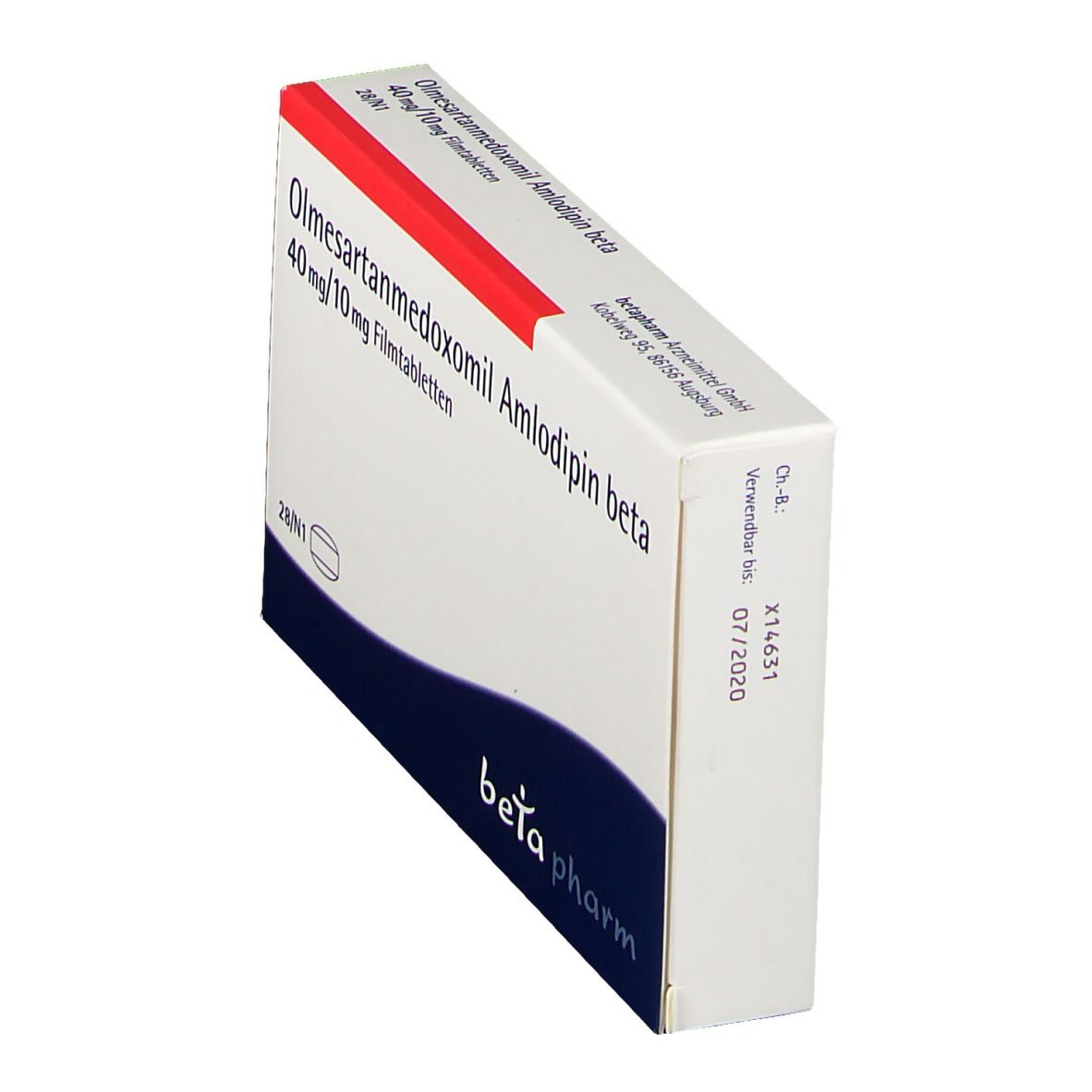 Schachtel Olmesartanmedoxomil Amlodipin beta, Seitenansicht. Roter Streifen, weißer Hintergrund, beta pharm Logo.