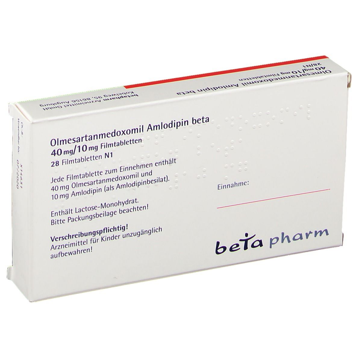 Geöffnete Schachtel Olmesartanmedoxomil Amlodipin beta. Textinformationen, weißer Hintergrund, beta pharm Logo.