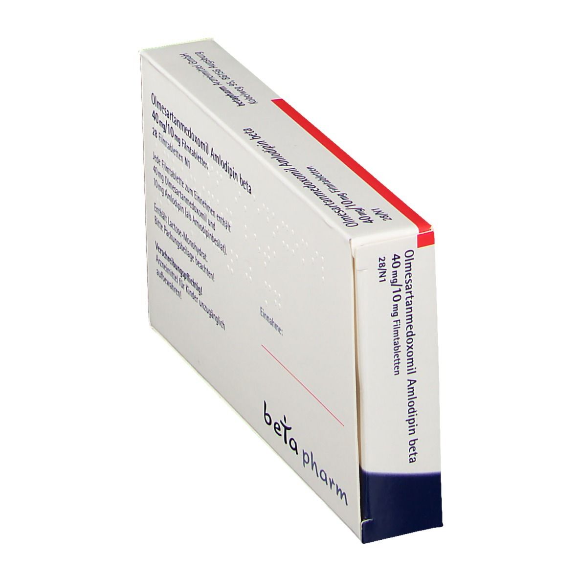 Schachtel Olmesartanmedoxomil Amlodipin beta, schräge Ansicht. Text, weißer Hintergrund, beta pharm Logo.