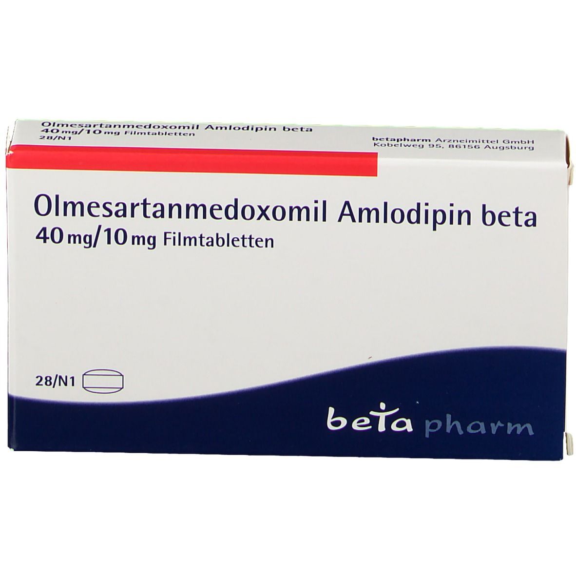 Schachtel Olmesartanmedoxomil Amlodipin beta. Blaue und weiße Elemente, beta pharm Logo, weißer Hintergrund.