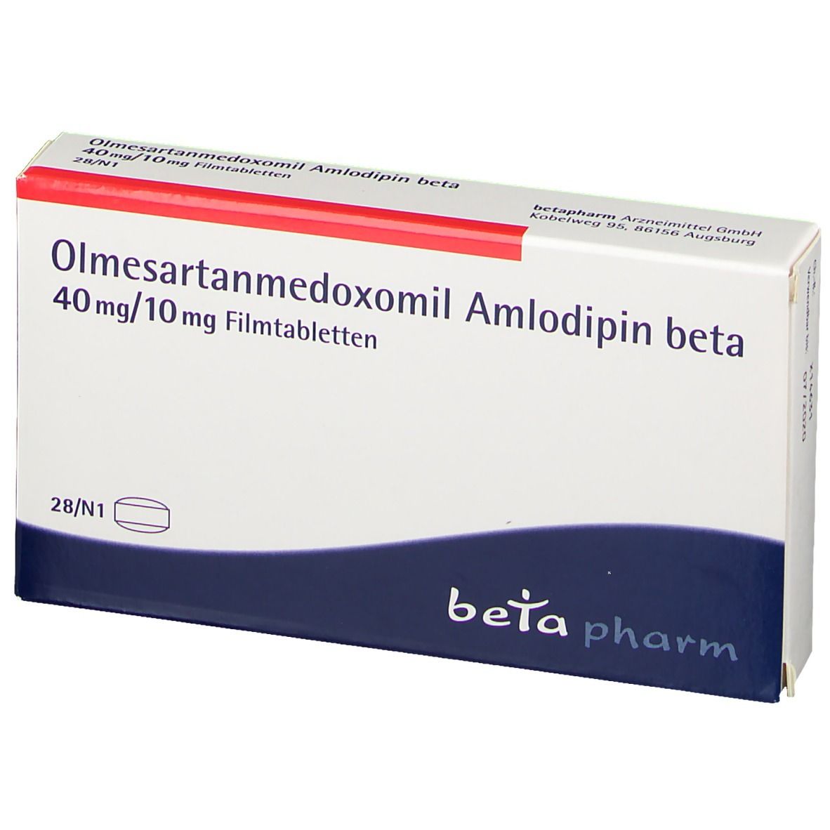 Schachtel Olmesartanmedoxomil Amlodipin beta. Blaue und weiße Elemente, roter Streifen, beta pharm Logo.