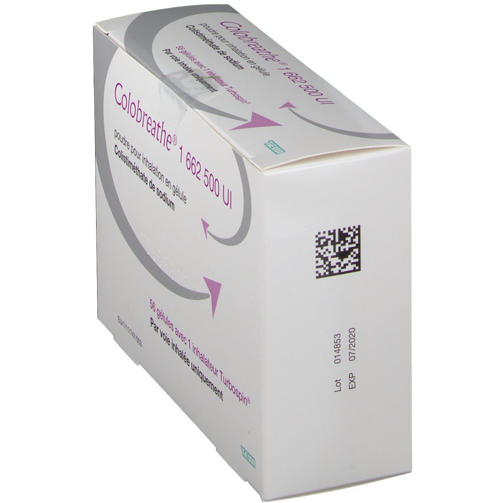 Schrägansicht der COLOBREATHE-Verpackung. Aufdruck mit Produktnamen, Dosierung und Inhaltsangaben. QR-Code und Verfallsdatum.