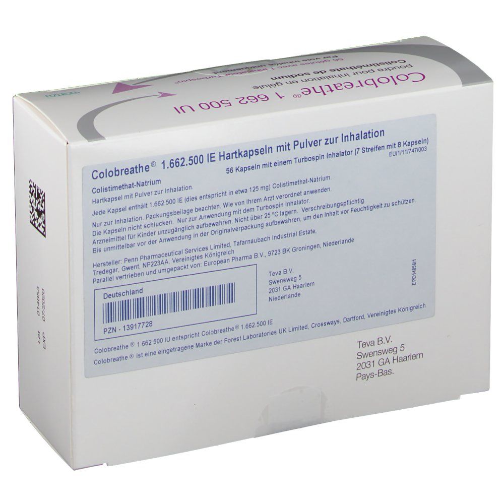 Rückseite der COLOBREATHE-Verpackung. Enthält Informationen in deutscher Sprache. PZN-Nummer, Herstellerangaben und Chargennummer.